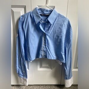 Zara blue & white striped crop button down shirt & matching boxers, medium